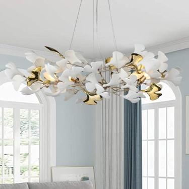 Imagem de Lustre de folha dourada de 81,5 cm, lustres modernos de latão, lustre de ginkgo para sala de estar 5 luminárias penduradas redondas 48 folhas