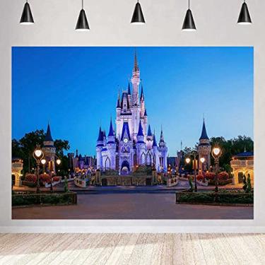 Imagem de Pano de fundo de parque temático de desenho animado infantil para fotografia de festa azul celeste clássico desenho animado playground faixa de decoração de festa infantil MEETSIOY 2,1 x 1,5 m