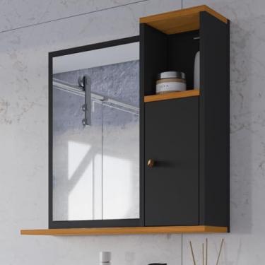 Imagem de Espelheira Armário De Banheiro1 Portas Com Espelho Nicho Decoração (Preto/Freijo)