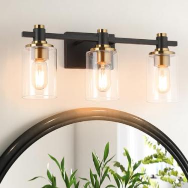 Imagem de KELIDEN Luminária de banheiro com 3 luzes sobre espelho para sombra de vidro de banho preto e bronze estilo moderno arandela de parede vintage ouro escovado (lâmpada E26 excluída)