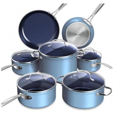Imagem de Jogo de Panelas e Frigideiras Antiaderentes em Aço Inoxidável com Revestimento Cerâmico 12 Peças, Nuwave, Azul