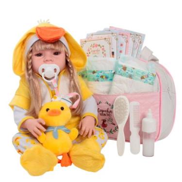 Imagem de Boneca Bebê Reborn Menina Loira Patinho Pelúcia Kit Itens - Cegonha Re