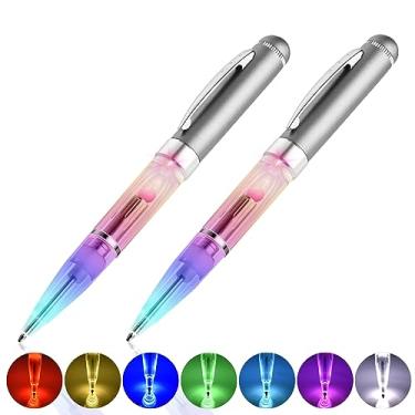 Imagem de Yacig Caneta iluminada – 2 peças esferográficas que mudam de cor alimentadas por bateria com ponta iluminada multicolorida 7 em 1 para escrever no escuro
