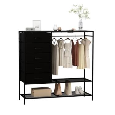 Imagem de Azaeahom Cômoda Preta Para Quarto, Com Cabideiro, Luzes Led E Estação De Carregamento, Organizadores Armário Armazenamento 5 Gavetas, Estrutura Aço Resistente, Gavetas Armário, Sala Estar, Corredor