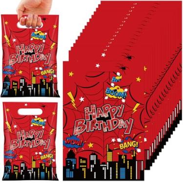 Imagem de 50 peças de lembrancinhas de festa de aranha de feliz aniversário, sacolas de presente de herói de plástico com alças, saco de doces de aranha vermelha para embrulho de presentes e suprimentos de