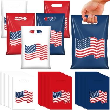 Imagem de Denwiller 60 peças de decorações de lembrancinhas de festa de 4 de julho, sacolas decorativas de plástico com bandeira americana com alças, sacolas de presente patrióticas de doces para materiais de