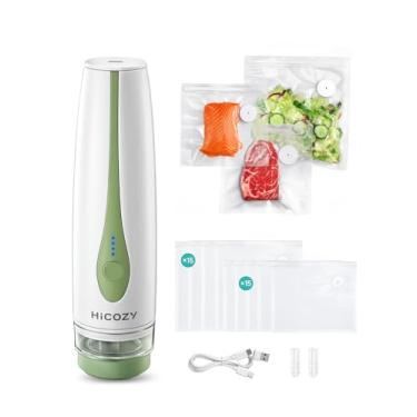 Imagem de HiCOZY Seladora a vácuo para alimentos com tanque de água visível, potente máquina seladora a vácuo portátil compacta com visor de bateria de LED, 30 sacos livres de BPA e reutilizáveis, verde
