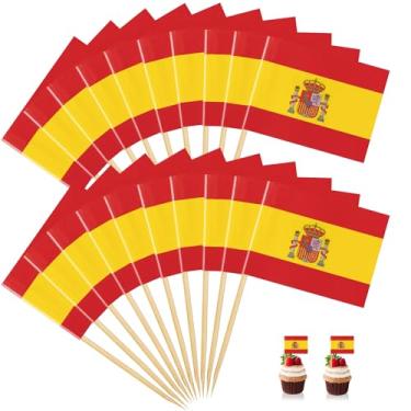 Imagem de 200 Palhetas de topos de palito de bandeira da Espanha, mini bandeiras de cupcake espanhol em palitos de madeira para o dia nacional, herança hispânica, festas de futebol, coquetéis, tapas e