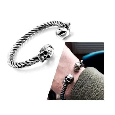 Imagem de Pulseira Masculina Cabo de Aço Torcido Caveira Punk Rock Ajustável Mot
