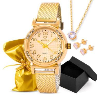 Imagem de Kit Relógio Eura Silicone Dourado + Colar e Brinco, Dourado