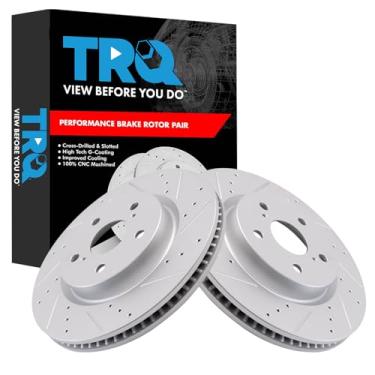 Imagem de TRQ Conjunto de rotores de freio dianteiro de desempenho premium G-Coated Slotted X Drilled Compatível com 19-22 Avalon 20-22 C-HR 18-22 Camry 22 Corolla Cross 21-22 ES250 ES300h ES350 RAV4 UX200