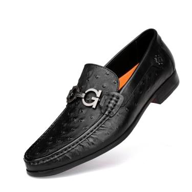 Imagem de Sapato social masculino de luxo preto, moderno, clássico, com estampa de avestruz, sapatos de negócios, casual, fivela, festa, casamento, mocassim para homens, Preto, 40
