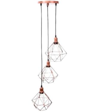 Imagem de Pendente Triplo Luminaria Teto Diamante Rose Gold Pirâmide Aramado Bas