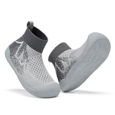 Imagem de Sapatos de caminhada para bebês meninos meninas sapatos infantis leves para primeiro andador respirável antiderrapante com gancho e laço tênis 6 9 12 18 24 meses, Cinza-sk/branco