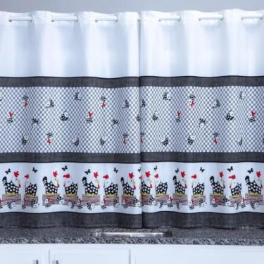 Imagem de Cortina Cozinha Oxford 2,00x1,40 Estampada Cappuccino Janela Vitrô Ilhós Blackout Blecaute Decorativa Poliéster Varão (Galinha)