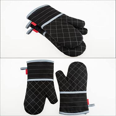 Imagem de 1 par estendido luvas de forno isolamento térmico 260 ℃ 500 ° F luvas de cozinha grossa Terrycloth forro grades listras horizontais padrão para cozinha cozinhar cozimento grelhar