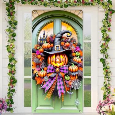 Imagem de BlissYard Capa para porta de Halloween, chapéu de bruxa, abóbora, 89 x 188 cm, guirlanda assustadora, festa de fotos, banner para porta da frente, tecido de poliéster, decoração sazonal para meninas