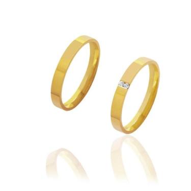 Imagem de Par de Alianças de Casamento Afrodite Ouro 18k Reta Brilhantes Embutid