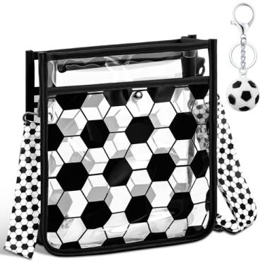 Imagem de Abbylike Bolsas transversais de PVC transparente com chaveiro para shows femininos aprovados como lembrancinha de festa temática, Preto e branco, Futebol