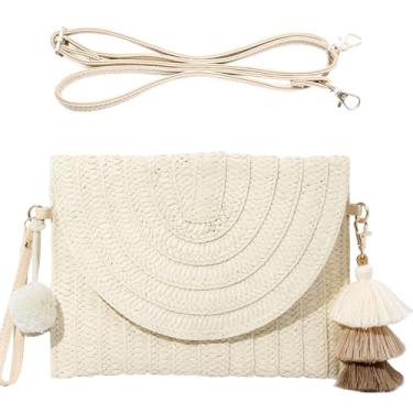 Imagem de ZAGQIG Bolsa clutch de palha feminina feita à mão com pingente de borla de palha bolsa tiracolo bolsa de ombro envelope de praia de verão (bege)