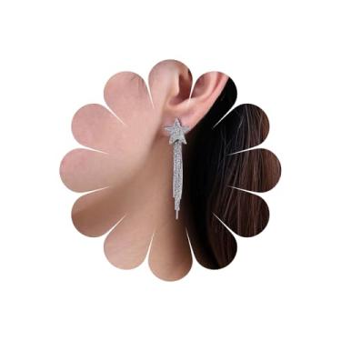 Imagem de Ximdble Brincos vintage de borla de corrente de estrela de prata, brincos pendentes de corrente de franja, brincos longos de borla para mulheres