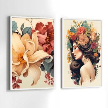 Imagem de Conjunto Quadros Decorativos com Moldura Mulher Flores na Cabeça Moder