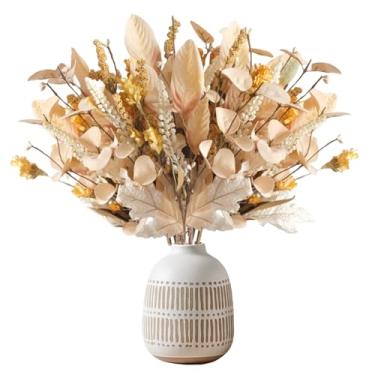Imagem de Bibelot Pacote com 8 buquê de caules de outono – hastes artificiais de eucalipto com folhas de bordo e pampas brancos, arranjo floral rústico para vaso de fazenda, dia de Ação de Graças, decoração de