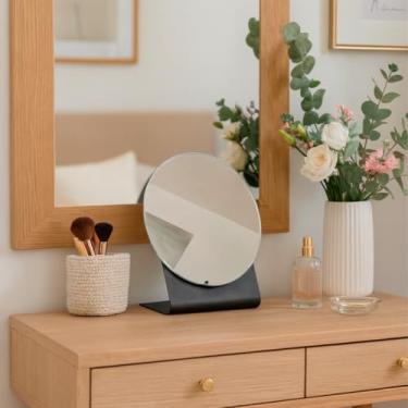 Imagem de Espelho Redondo de Maquiagem com Suporte para Escrivaninha, Penteadeira, Mesa de Cabeceira, Quarto e Banheiro – Vidro Lapidado Polido Decorativo (Suporte Preto)