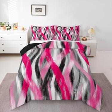 Imagem de Erosebridal Conjunto de edredom King com listras geométricas, moderno, abstrato, cinza, preto, rosa choque, conjunto de cama para crianças, meninas, adolescentes, mulheres, geométrico, espiral, linhas