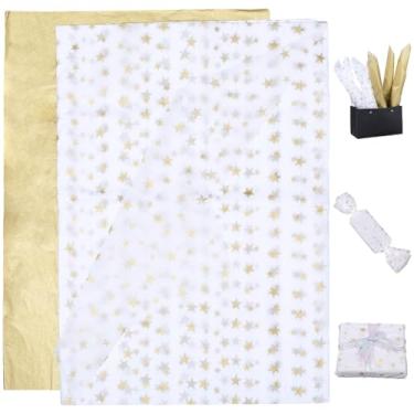 Imagem de GORGECRAFT 100 folhas 2 estilos papel de seda dourado metálico papel de embrulho 50 x 35 cm ouro estrelas brancas arte tecido para aniversário, casamento, formatura, dia dos namorados, buquê de flores