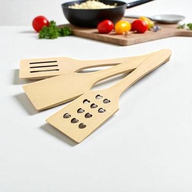 Imagem de Conjunto de espátulas de madeira de 3 peças – Utensílios de cozinha 100% de madeira de faia natural – Utensílios de cozinha que não arranham para panelas antiaderentes – Inclui espátulas com fenda