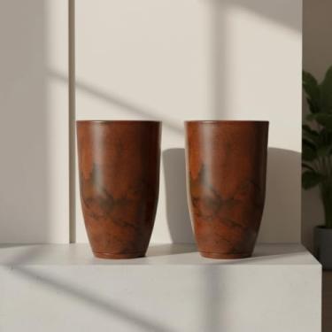 Imagem de Kit 2 Vasos Coluna Luxo Polietileno Marmorizado Jardim Planta Flores Natural e Artificial Sala Escriório Varanda Área Externa e Interna 50cm Estilo Vietnamita (Marrom Premium)