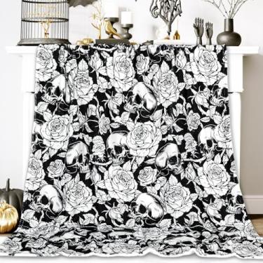 Imagem de JarThenaAMCS Cobertor de Halloween preto branco flor de caveira cobertor macio aconchegante decorativo colcha para cama de Halloween casa sofá poltrona, 127 x 152 cm