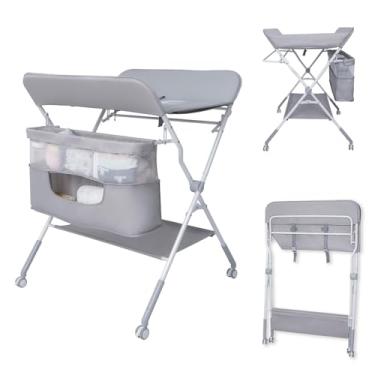 Imagem de Gentle Monster Trocador portátil dobrável para bebê, mesa de troca de fraldas de 4 níveis de altura ajustável para berçário com cinto de segurança, bolsa de armazenamento dupla, apoios de cabeça e