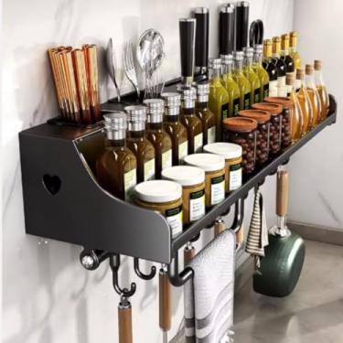 Imagem de Prateleira Organizadora Cozinha 50 cm Aço Grafite com Porta Temperos Porta talheres Facas Multiuso