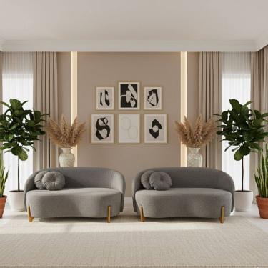 Imagem de Kit 02 Sofás Orgânicos 2 Lugares C/2 Almofadas Curvo Sala Recepção Amsterdã Boucle Cinza - Montanari`s Decor