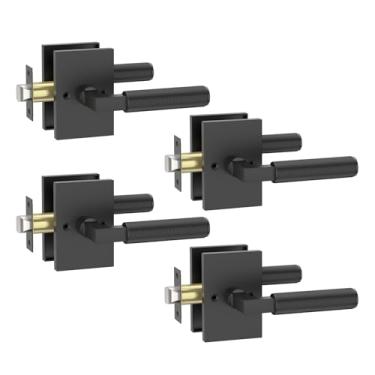 Imagem de Amerdeco Pacote com 4 maçanetas de porta de passagem, interior preto fosco, alavanca serrilhada, resistente para quarto e banheiro, sem chave reversível para lado direito e esquerdo AM0032