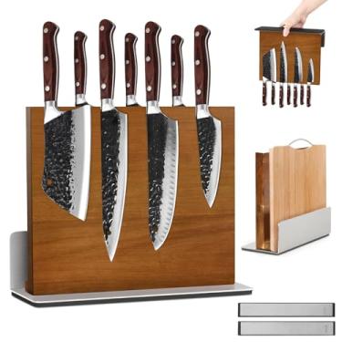 Imagem de Kirumie Bloco de facas magnético de madeira 2 em 1 com afiador, placa magnética de madeira de acácia com base antiderrapante, suporte magnético forte de dupla face para bancada de cozinha