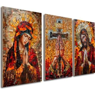 Imagem de Quadro Decorativo Religioso Maria Jesus Cristo Cruz Inri 3pç Colorido 