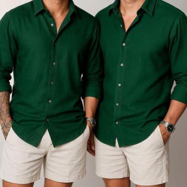 Imagem de Kit 2 Camisa de Linho Blusa Manga Longa Viscose Praia Masculina Muitas