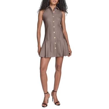 Imagem de BCBG Minivestido feminino sem mangas com colarinho e botão frontal plissado evasê, Preto Multi, 44