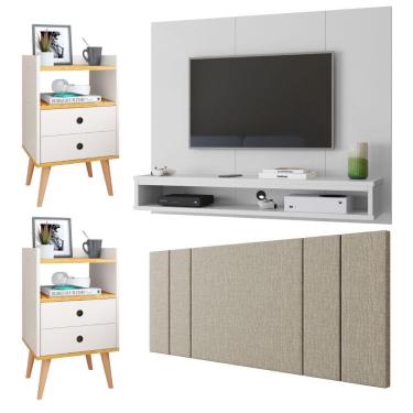 Imagem de Painel Suspenso TV Até 50 Polegadas Cissa Sala Cabeceira Estofada Cama Box Casal 1,40 Luana Kit 2 Mesinhas Retrô Gavetas Nicho Dream Quarto - RPM