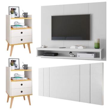Imagem de Painel Suspenso TV Até 50 Polegadas Cissa Sala Cabeceira Estofada Cama Box Casal 1,40 Luana Kit 2 Mesinhas Retrô Gavetas Nicho Dream Quarto - RPM