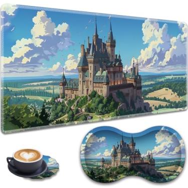 Imagem de Mouse pad grande para jogos + descanso de pulso + porta-copos de renda, conjunto antiderrapante, com bordas costuradas e tapete de mesa expansível à prova d'água, adequado para escritório/casa