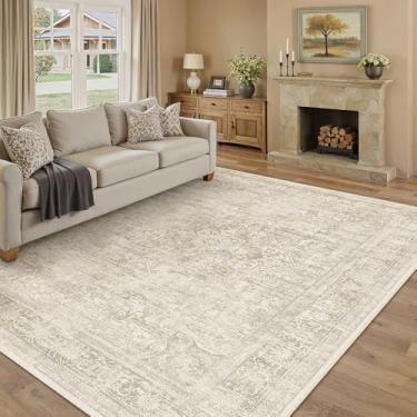 Imagem de PureCozy Tapete lavável para sala de estar, quarto, antiderrapante, para uso interno, vintage, desgastado, grande, creme fino, bege, sala de jantar, escritório, medalhão