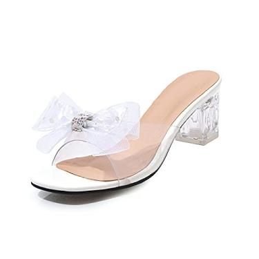 Imagem de Bigfanshu Sandálias femininas de salto alto 2021 moda bico aberto laço de plástico coreano salto grosso cristal e elegante sandália feminina temperamento, Branco, 40 BR