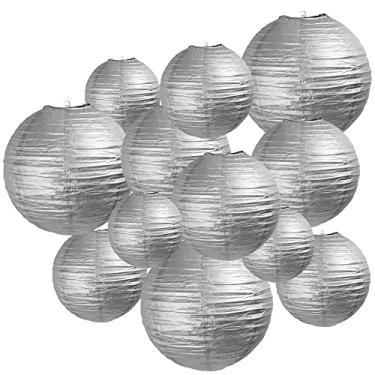 Imagem de Famolay Lanternas de papel prateadas, 12 peças, tamanhos variados, de 15 cm, 20 cm, 25 cm, 30 cm, 4 cm, 4 cm, 12 cm, chinesas, para pendurar, lanternas de bola para decoração de casa, festas e casamentos