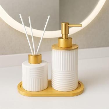 Imagem de Kit Banheiro Cerâmica 2 Peças - Porta Sabonete Líquido e Porta Escova para Decoração Lavabo(BRANCO ABSTRATO)