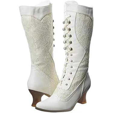 Imagem de Botas femininas de salto alto fashion de renda com bico fino e zíper lateral botas de cano médio, Branco, 7
