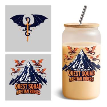 Imagem de Conjunto de 2 peças Quest Squad Aretian Riders UV DTF Cup Wraps para 473 ml Vidro Quarta Asa, Decalque de Transferência a Frio para Copos de Vidro Espada ACOTAR, Dragon Fantasy Book Lovers Vinil